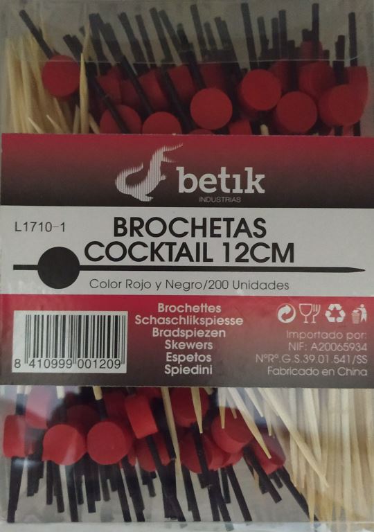 BROCHETA BAMBU 12 cm. ROJO/NEGRO C/200 u.